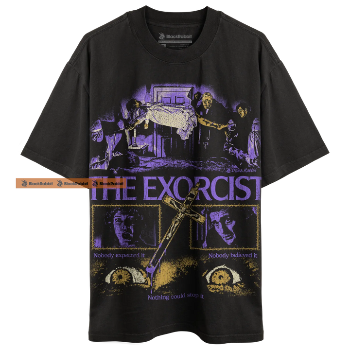 Black t-shirt with ’The Exorcist’ graphic.
