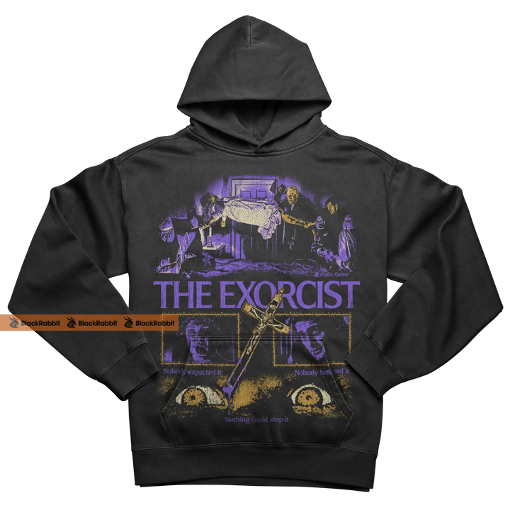 Black hoodie with ’The Exorcist’ graphic.