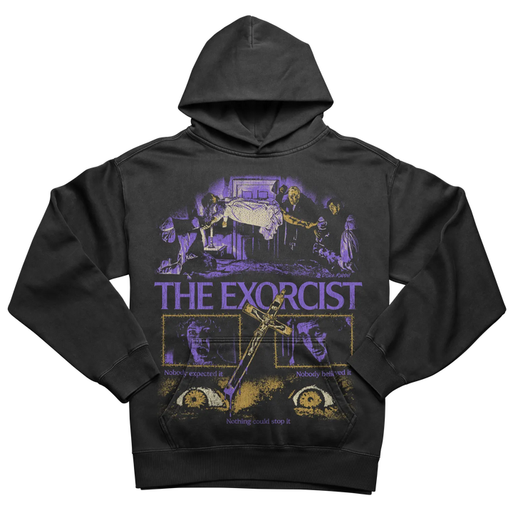 Black hoodie with a vivid ’The Exorcist’ graphic print.