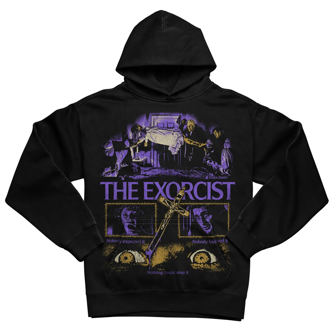Black hoodie with ’the exorcist’ graphic design featuring purple and gold elements.