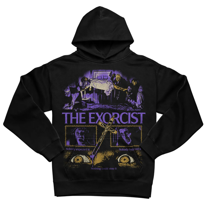 Black hoodie with ’the exorcist’ graphic design featuring purple and gold elements.