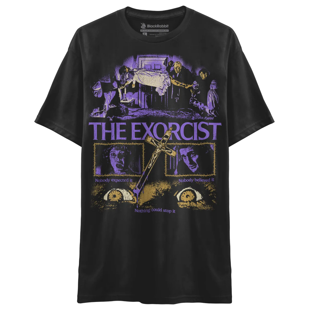 Black crew-neck t-shirt with a purple and gold ’The Exorcist’ graphic print.