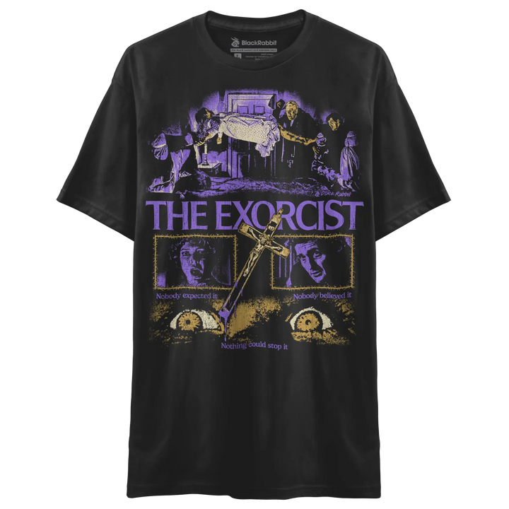 Black crew-neck t-shirt with a purple and gold ’The Exorcist’ graphic print.