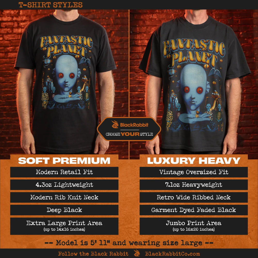Comparison of two men’s black t-shirt styles with a ’Fantastic Planet’ graphic.