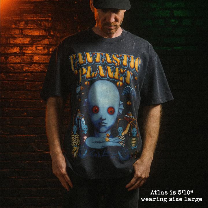 Male model wearing stone wash heavy tee with fantastic planet graphic 