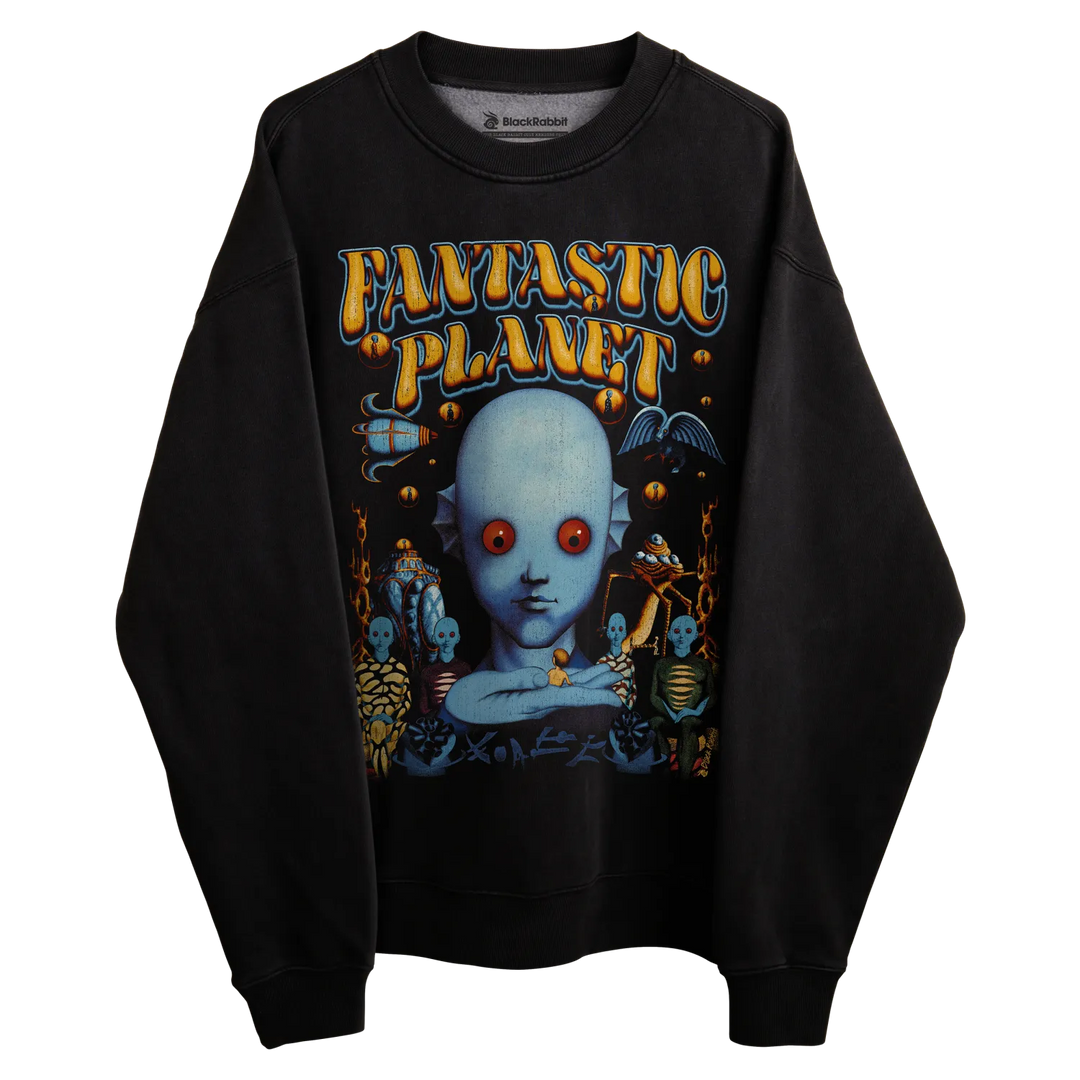 Black sweatshirt with ’fantastic planet’ graphic design featuring a blue alien head and red eyes.