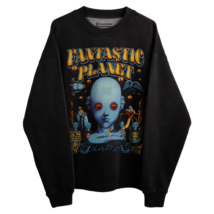 Black sweatshirt with ’fantastic planet’ graphic design featuring a blue alien head and red eyes.
