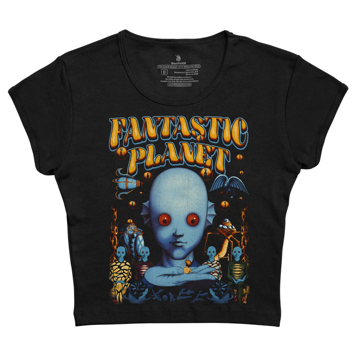 Black short-sleeved t-shirt featuring a vibrant ’fantastic planet’ graphic with a blue alien face, orange text, and surreal creatures.