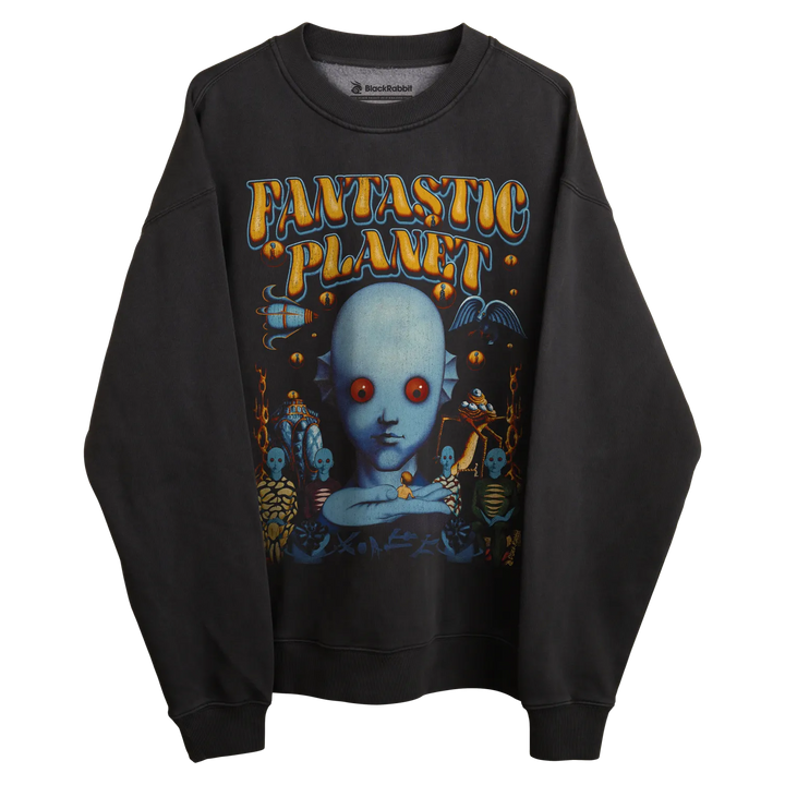Black sweatshirt with ’fantastic planet’ graphic design featuring a blue alien face and various creatures.