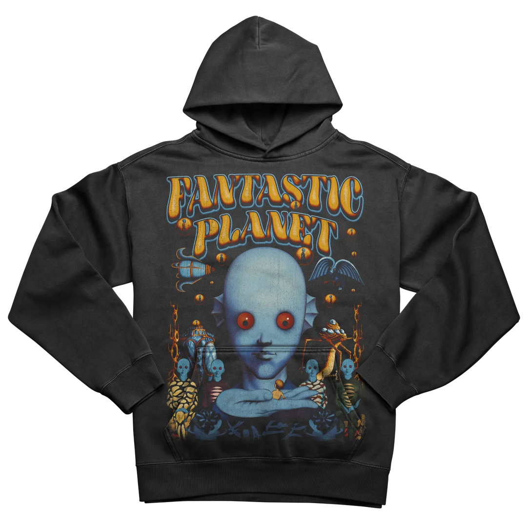 Dark grey hooded sweatshirt with a colorful graphic print of a blue-skinned alien creature and ’FANTASTIC PLANET’ text.