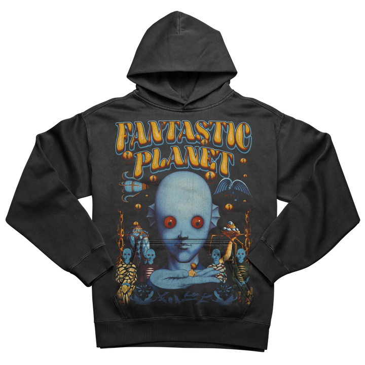 Dark grey hooded sweatshirt with a colorful graphic print of a blue-skinned alien creature and ’FANTASTIC PLANET’ text.