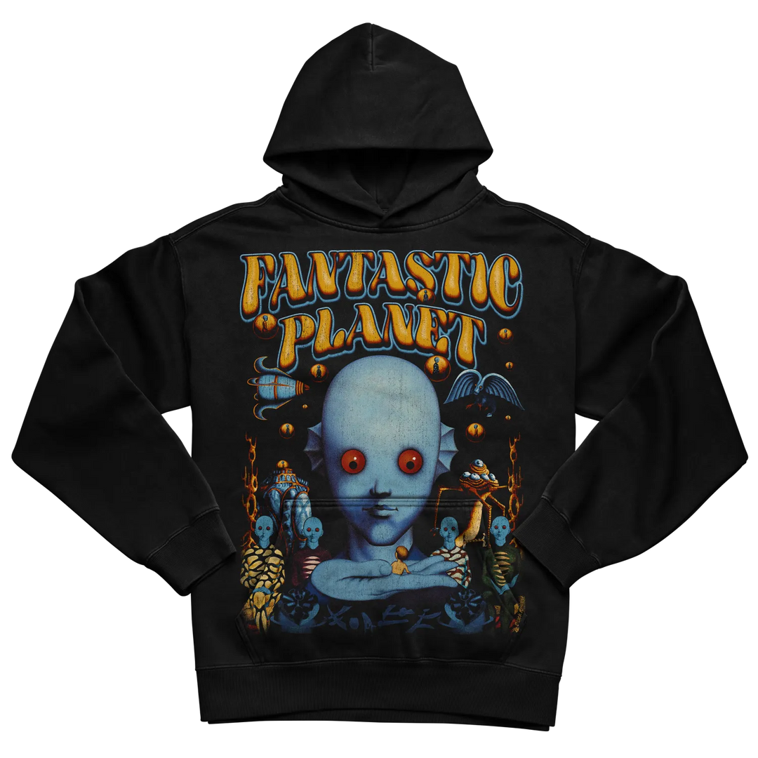 Black hoodie with ’fantastic planet’ graphic design featuring a large alien head and various creatures.