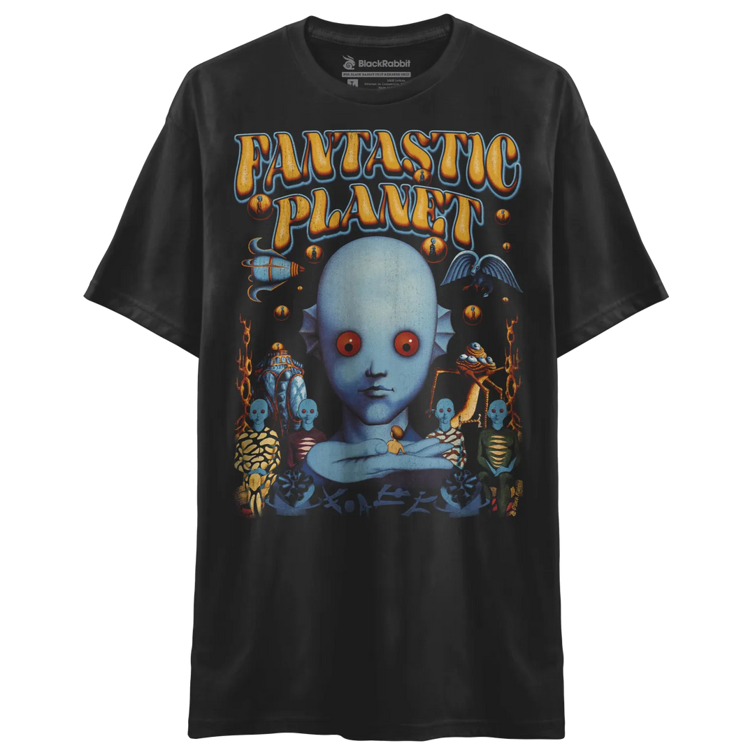 Black t-shirt with a colorful graphic print of a blue-skinned, red-eyed humanoid creature surrounded by other fantastical beings and the words ’FANTASTIC PLANET’.