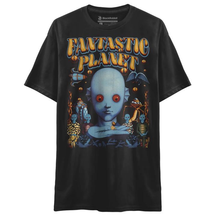 Black t-shirt with a colorful graphic print of a blue-skinned, red-eyed humanoid creature surrounded by other fantastical beings and the words ’FANTASTIC PLANET’.