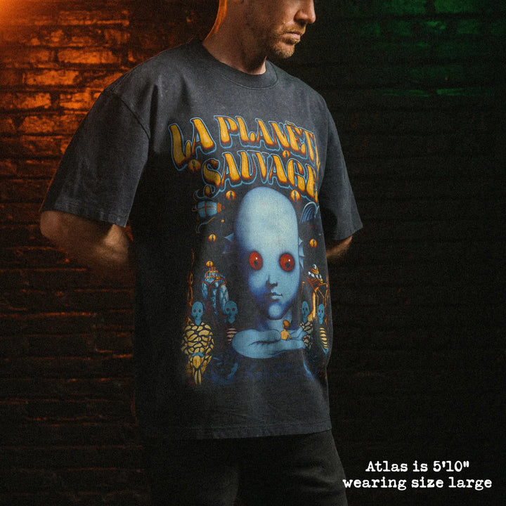 Male model wearing stone wash heavy tee with fantastic planet french graphic 