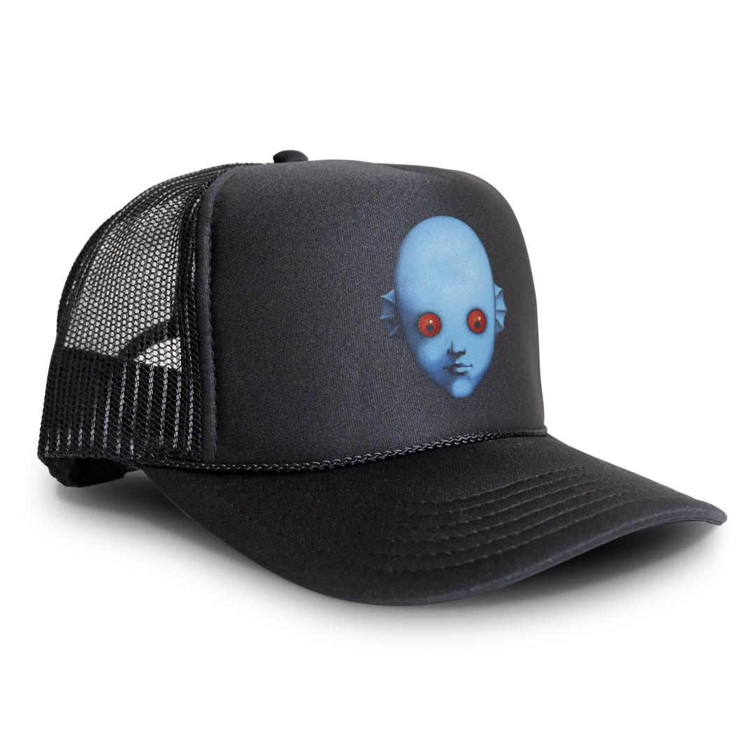 Black trucker hat with blue alien face.
