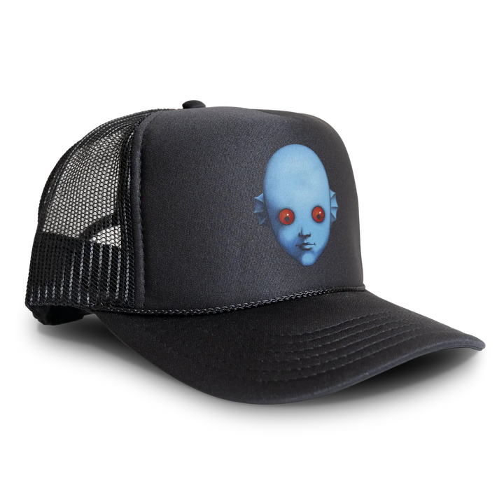 Black trucker hat with blue alien face.