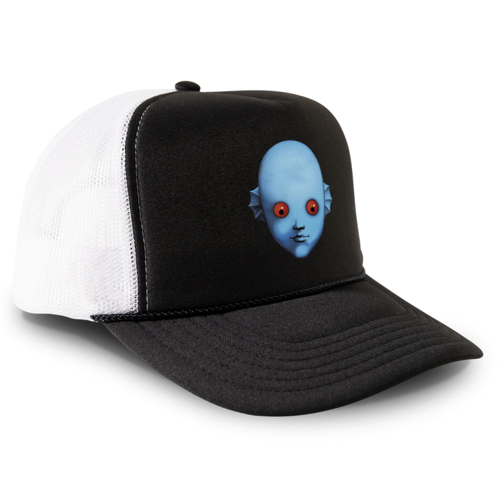 Black and white trucker hat with blue alien face.