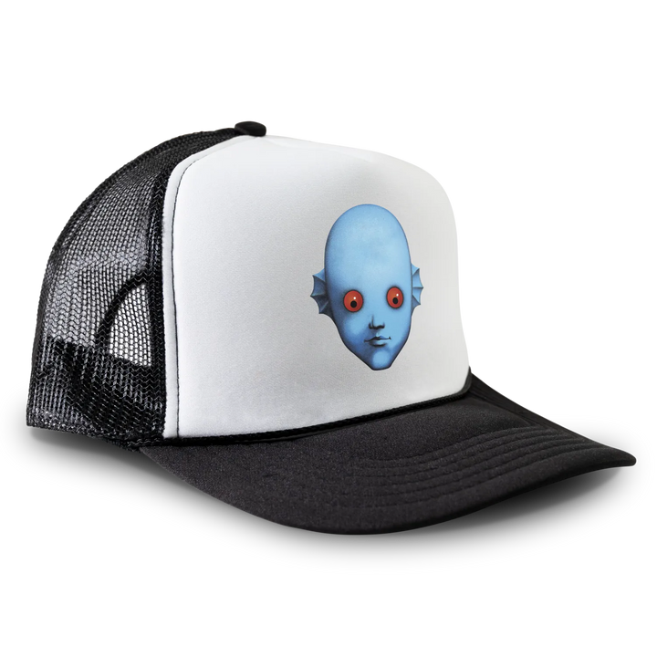 Black and white trucker hat with blue alien face.