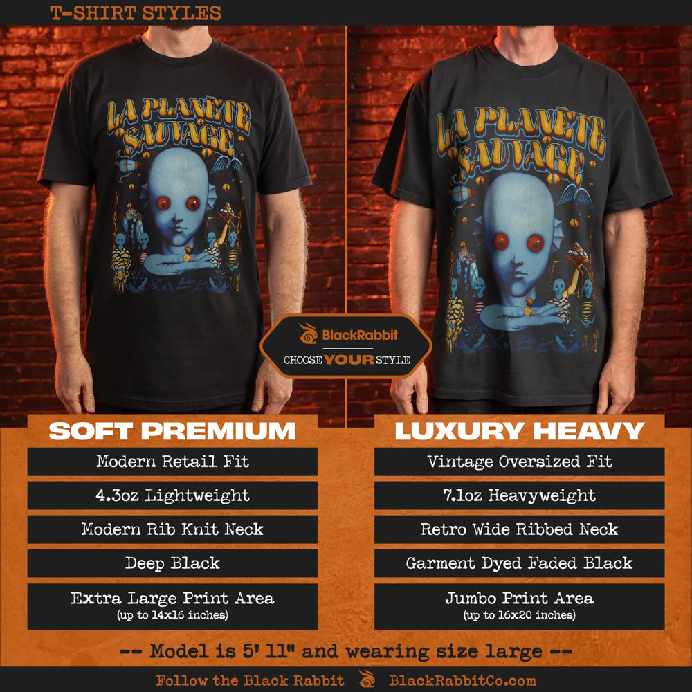 Comparison of two black t-shirts with a ’La Planète Sauvage’ alien graphic, highlighting differences in fit, weight, neck style, color, and print area.