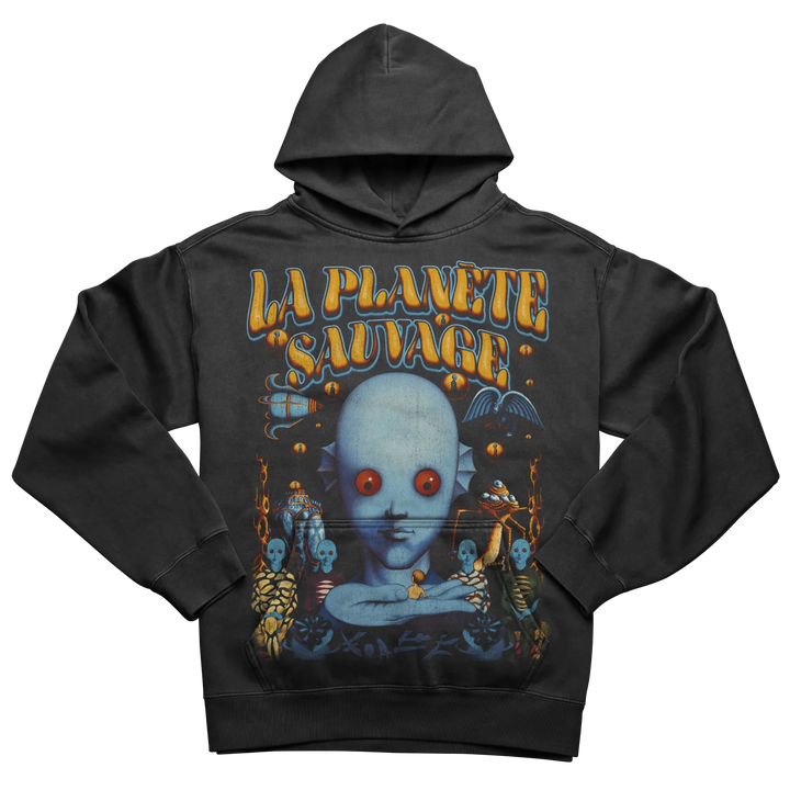 Dark gray hooded sweatshirt with a colorful graphic print of a blue-skinned, red-eyed alien creature surrounded by other fantastical beings and objects.
