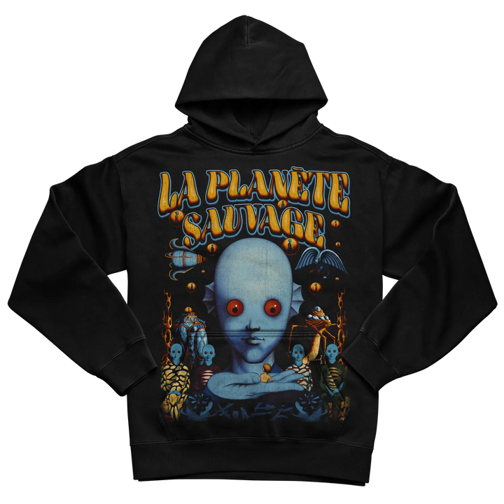 Black hoodie with ’la planète sauvage’ graphic design featuring a blue alien and various creatures.