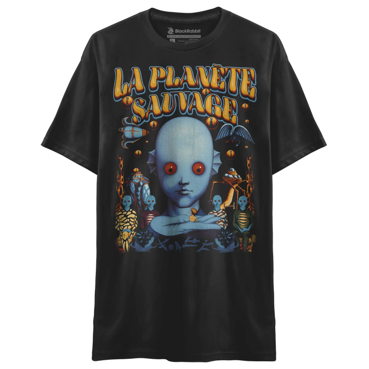 Black t-shirt with a colorful graphic print of a blue-skinned, red-eyed humanoid creature surrounded by other fantastical beings and the words ’LA PLANÈTE SAUVAGE’.