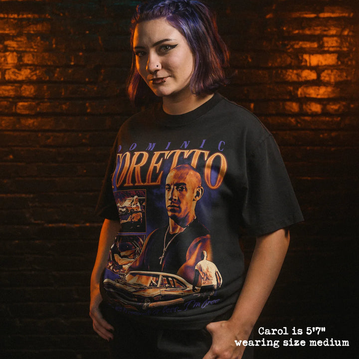 Model wearing heavy tee with toretto graphic 