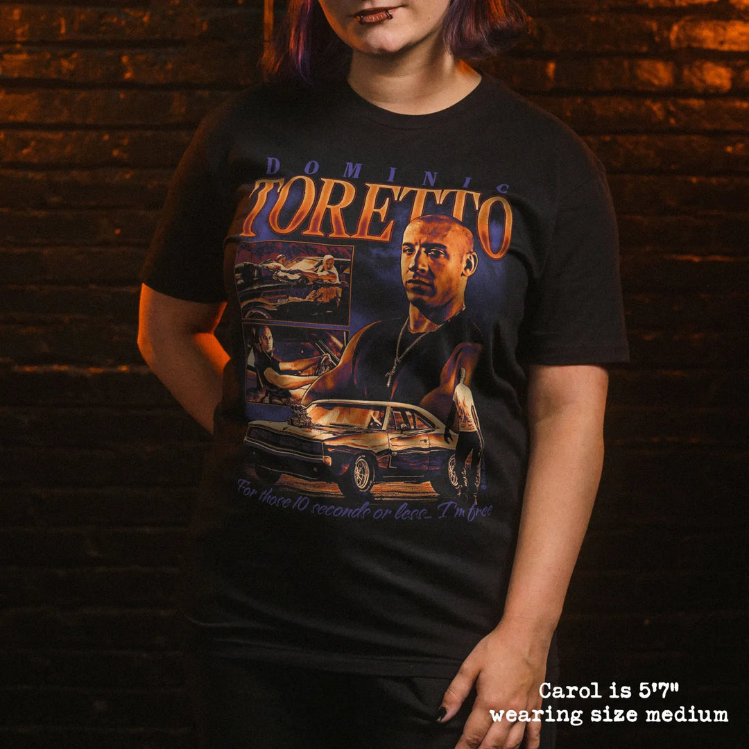 model wearing black premium tee with toretto graphic 