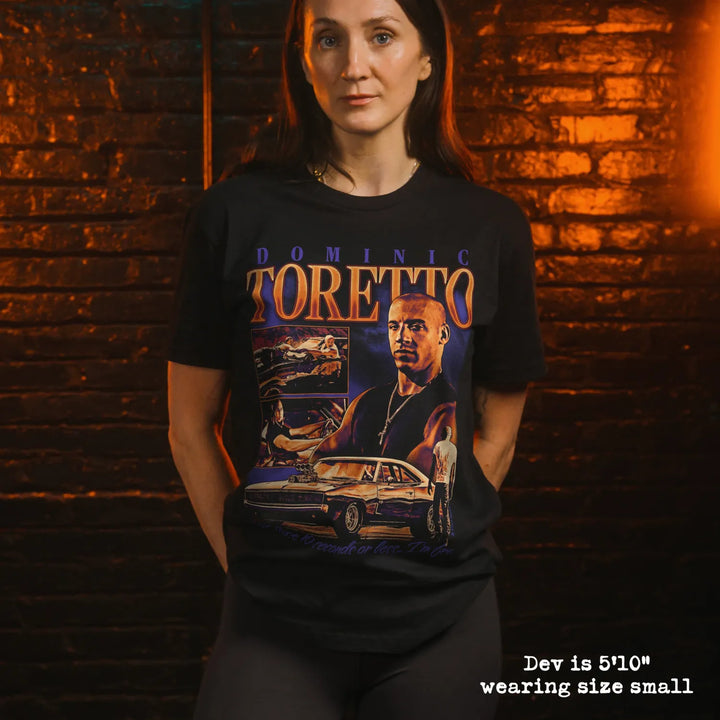 model wearing black premium tee with toretto graphic 