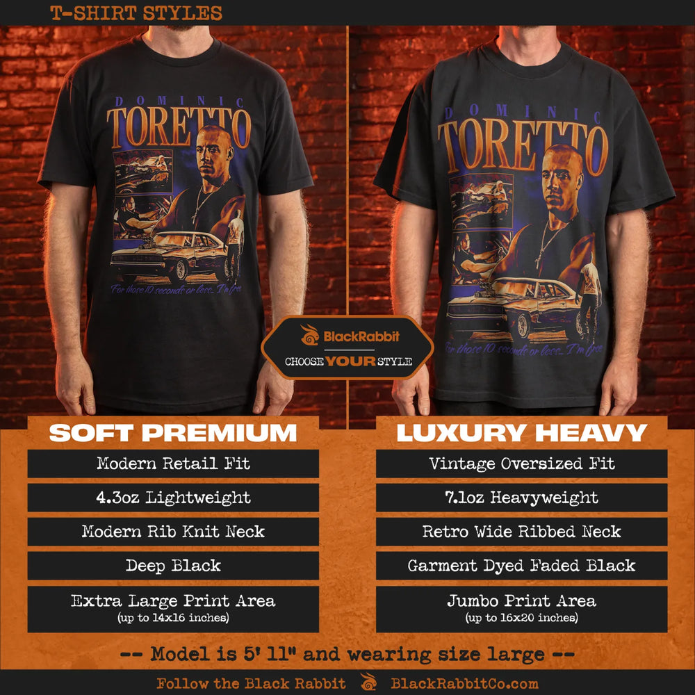 Two T-shirt styles, one ’Soft Premium’ and one ’Luxury Heavy,’ both featuring a graphic of Dominic Toretto and a classic car.