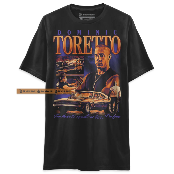 Black t-shirt with Dominic Toretto graphic.