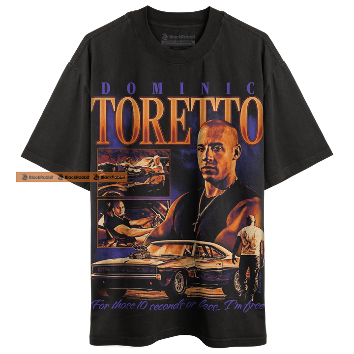Black graphic t-shirt.
