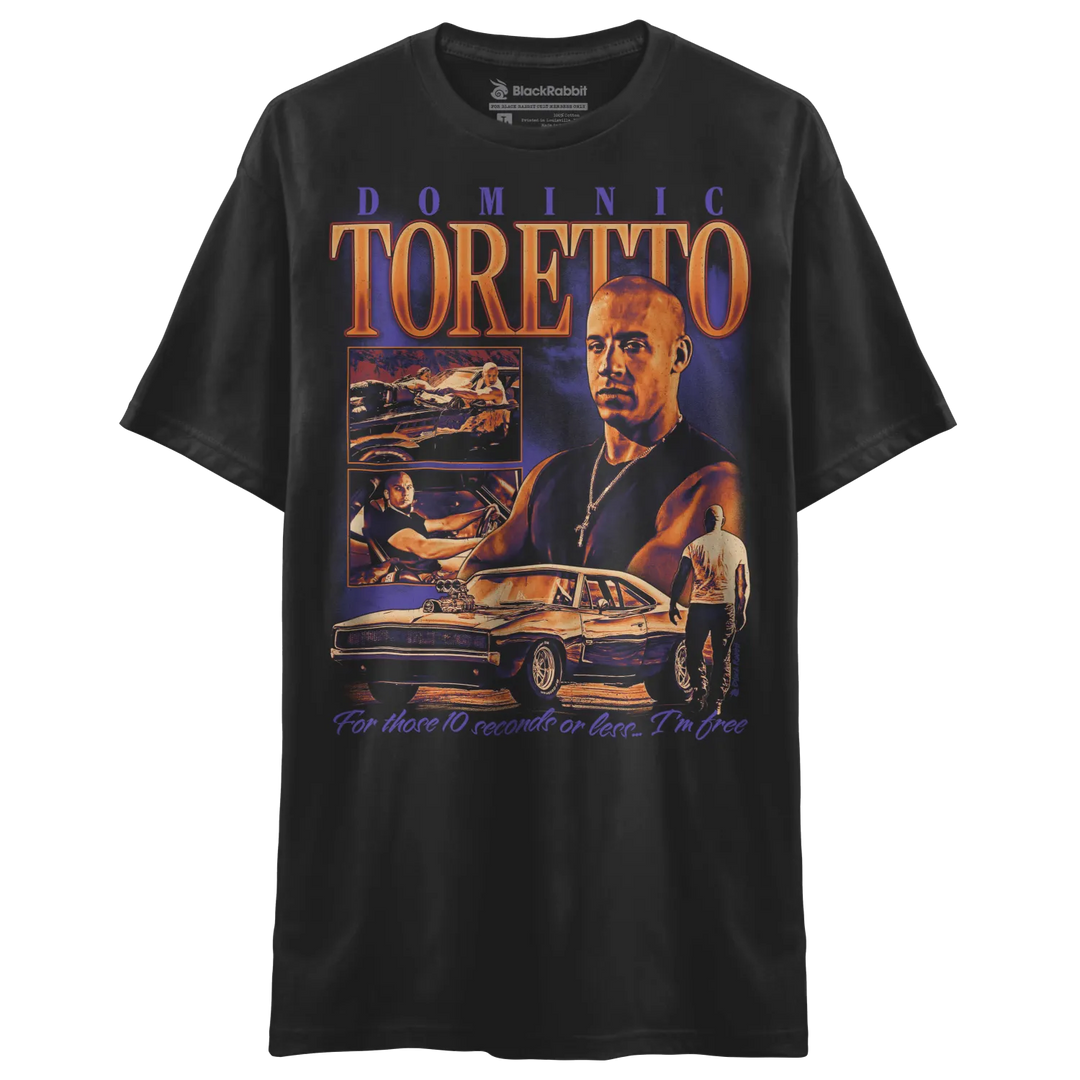 Black graphic t-shirt featuring Dominic Toretto from Fast & Furious.