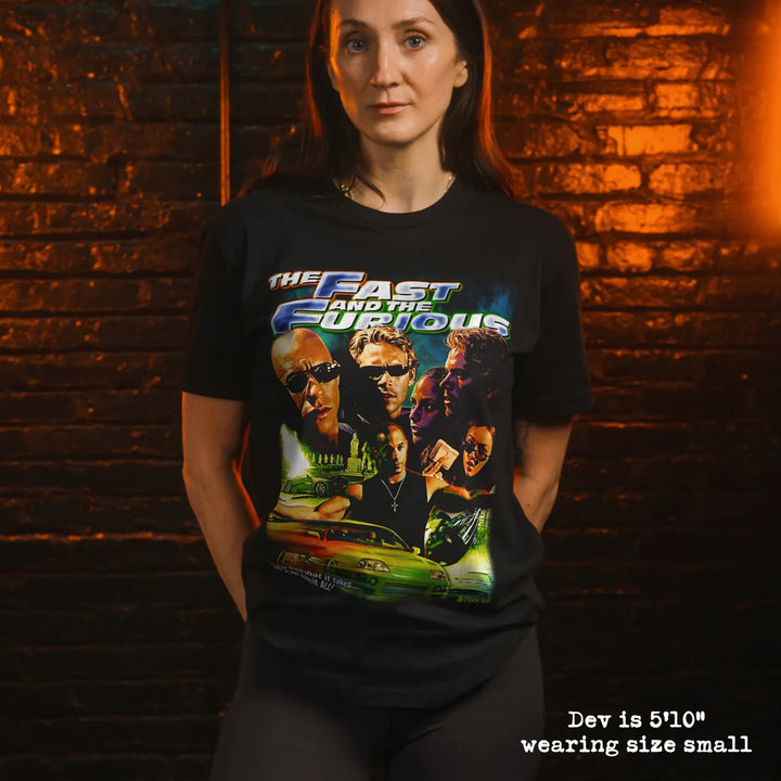 model wearing black premium tee with fast and furious graphic 