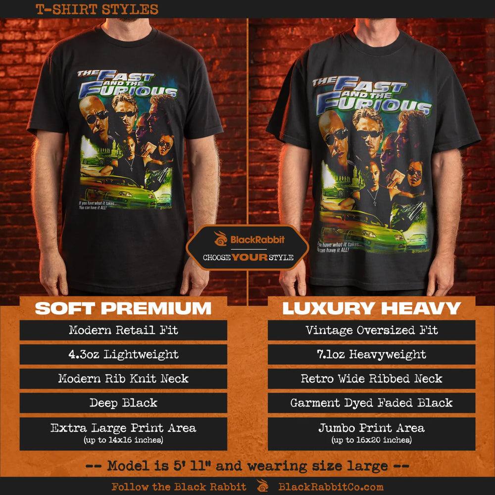 Comparison of two black T-shirt styles featuring ’The Fast and the Furious’ graphic.