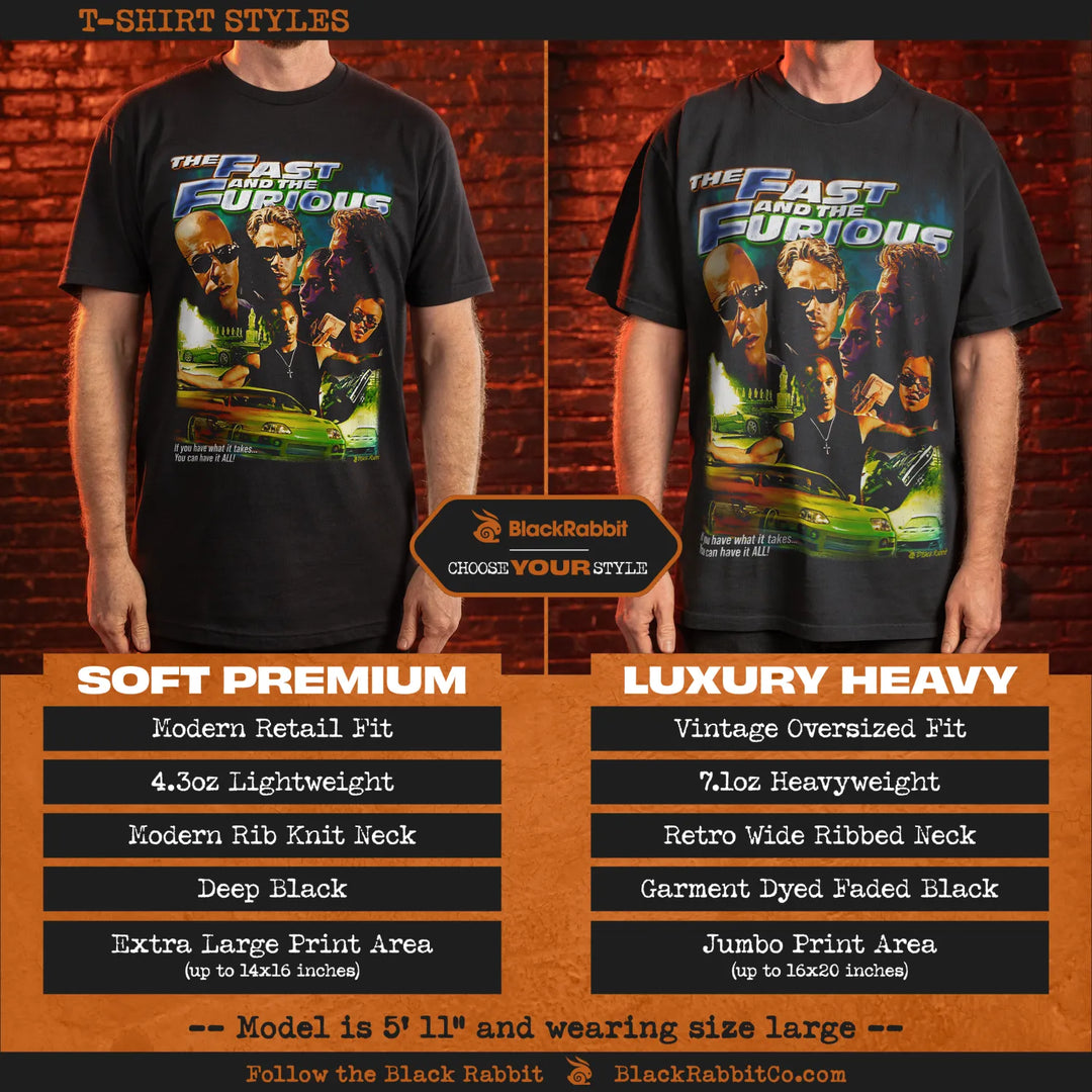 Comparison of two black T-shirt styles featuring ’The Fast and the Furious’ graphic.