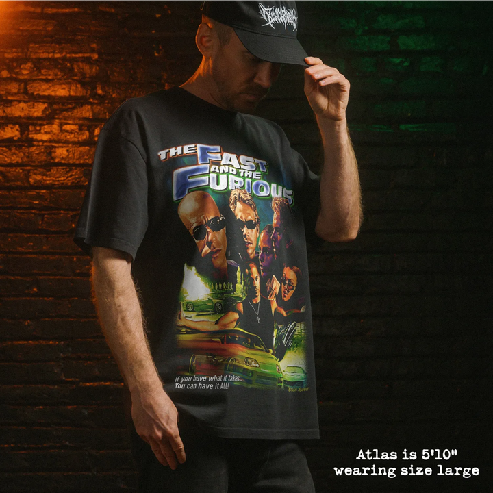 Model wearing heavy tee with fast and furious graphic 
