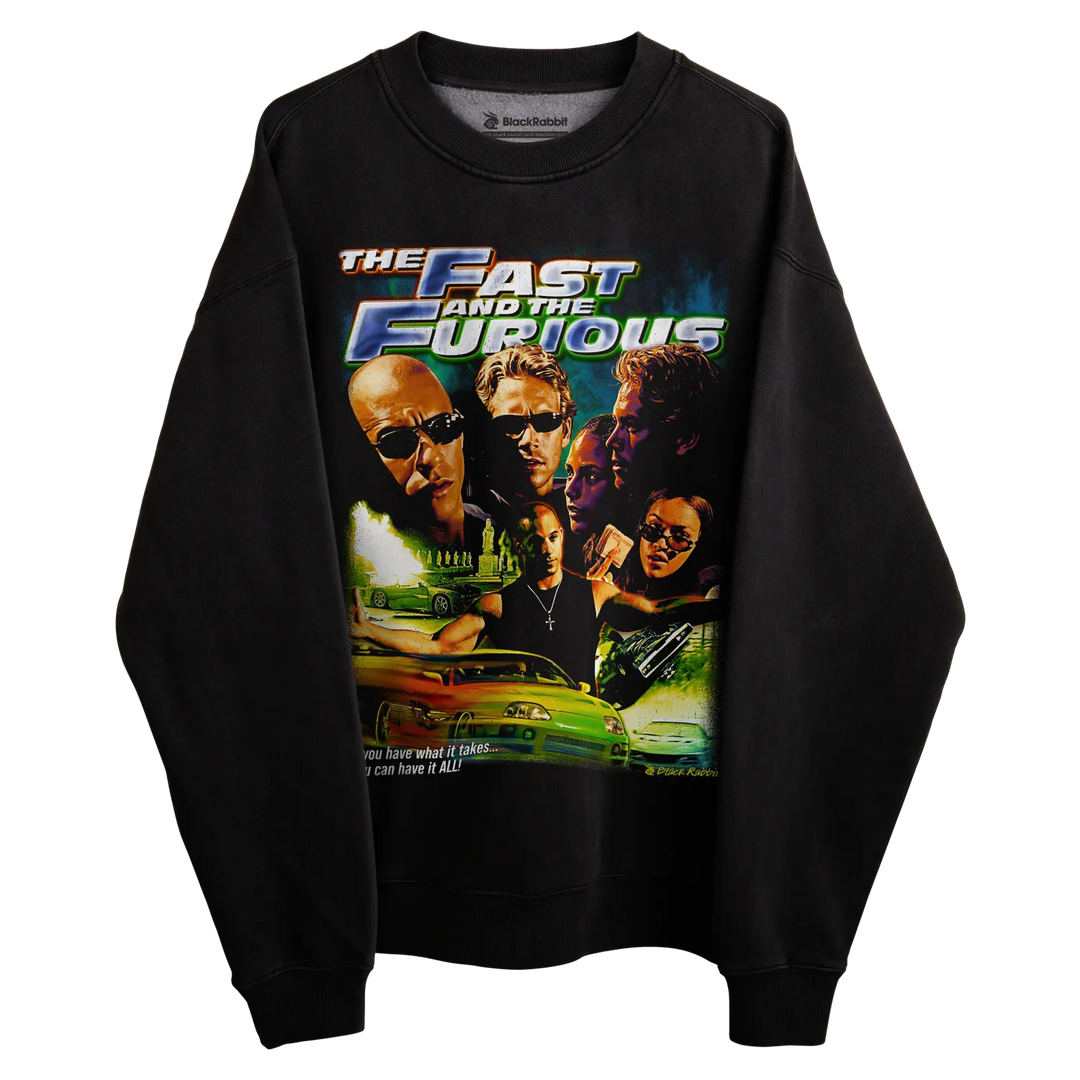 Black sweatshirt with ’the fast and the furious’ graphic design featuring characters from the movie.