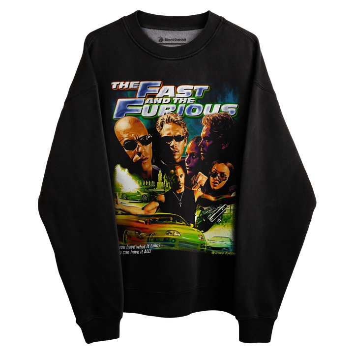 Black sweatshirt with ’the fast and the furious’ graphic design featuring characters from the movie.