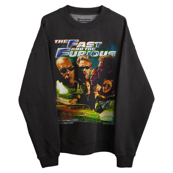 Black fast and furious sweatshirt with graphic design of characters and car