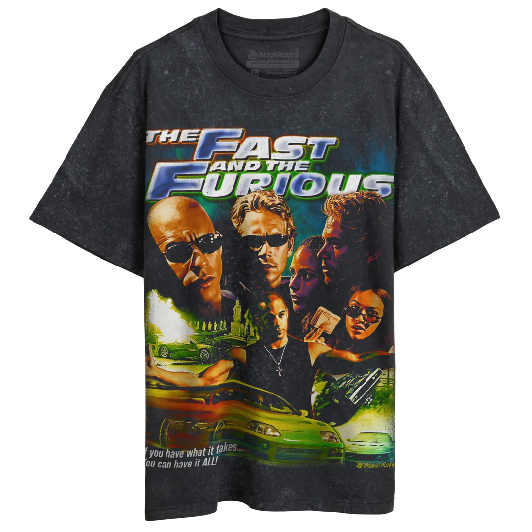 A dark gray t-shirt with a vintage ’The Fast and the Furious’ movie poster graphic.