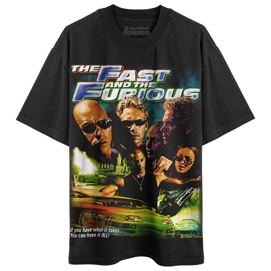 Black crew-neck t-shirt with a ’The Fast and the Furious’ movie poster graphic.