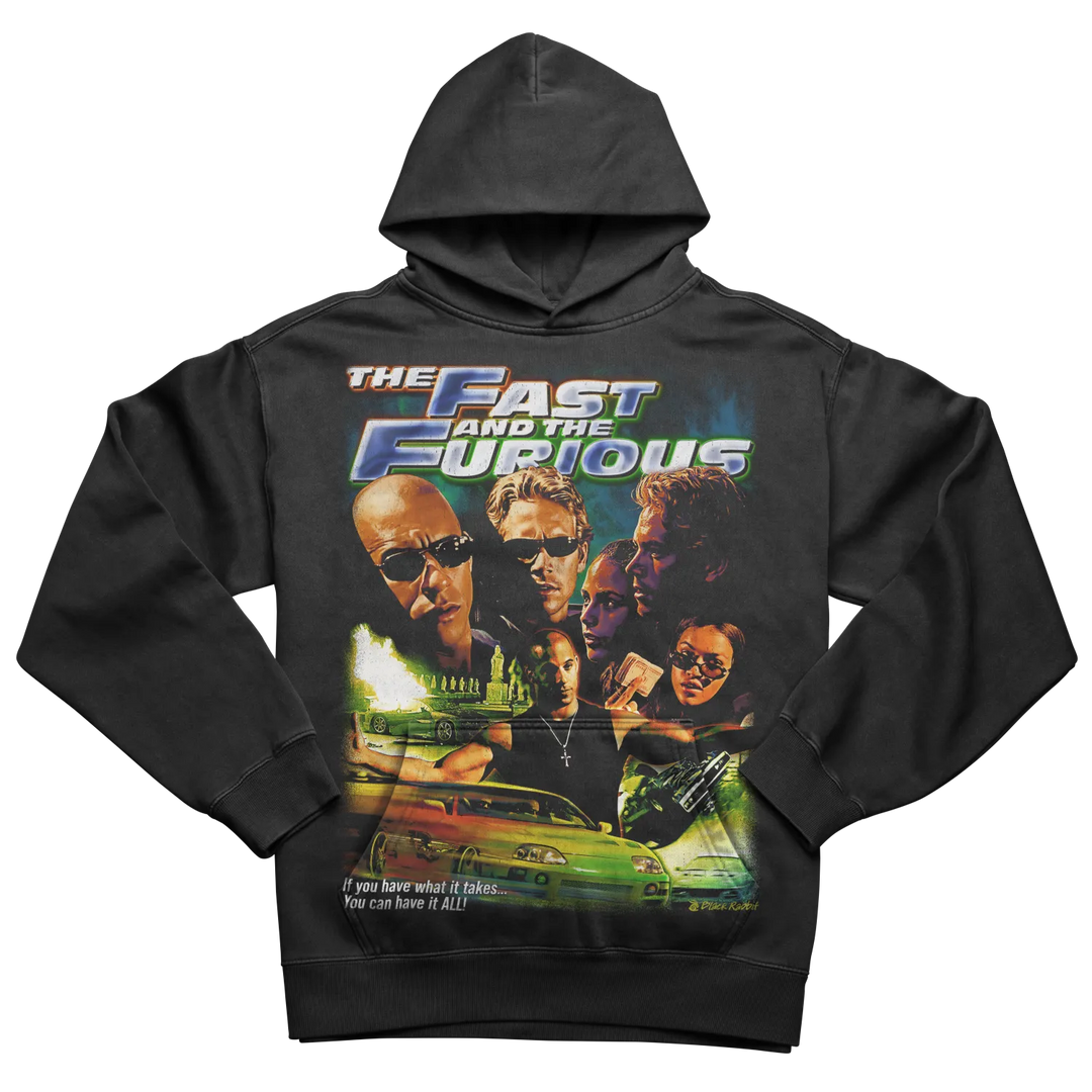 Black hoodie with a ’The Fast and the Furious’ graphic print.