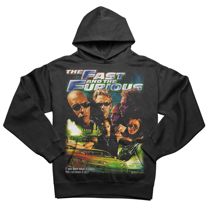 Black hoodie with a ’The Fast and the Furious’ graphic print.
