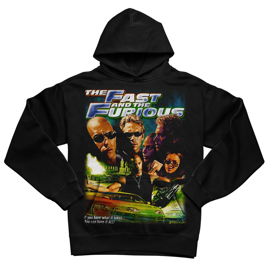 Black hoodie with ’the fast and the furious’ graphic design featuring characters from the movie.