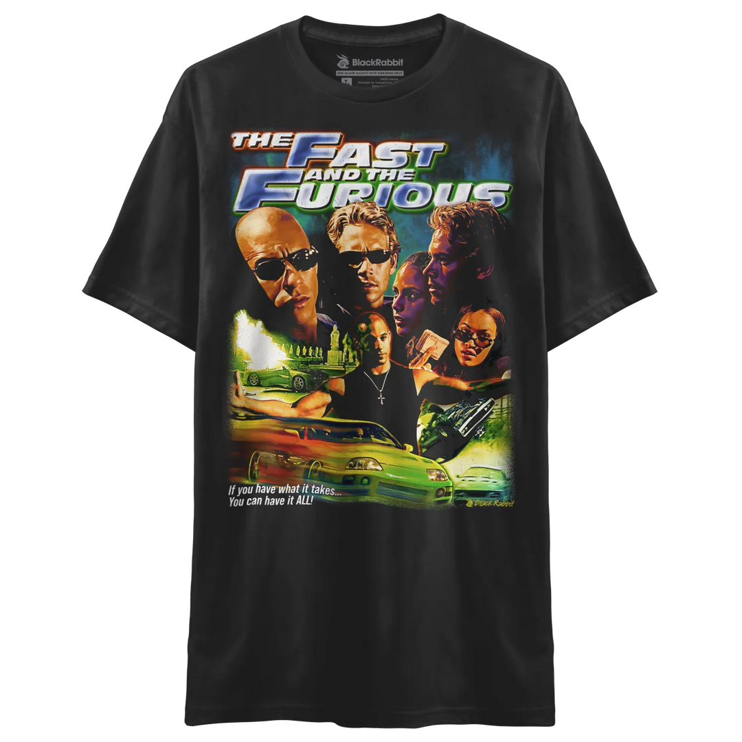 Black t-shirt with a ’The Fast and the Furious’ movie poster graphic.