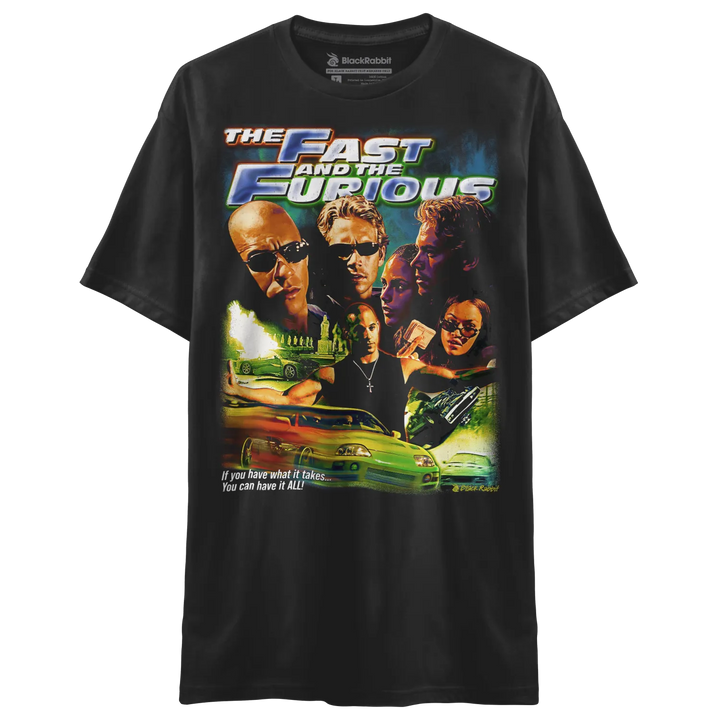 Black t-shirt with a ’The Fast and the Furious’ movie poster graphic.