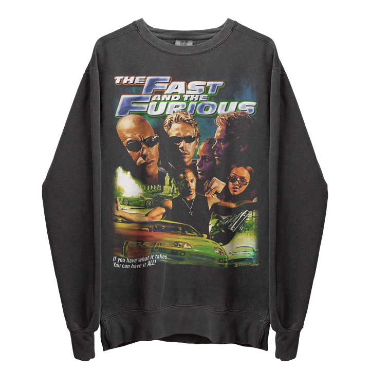 Black long-sleeved sweatshirt with a ’The Fast and the Furious’ movie poster graphic.