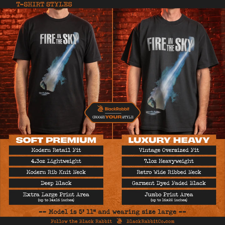 Comparison of two black t-shirt styles with a ’Fire in the Sky’ graphic.
